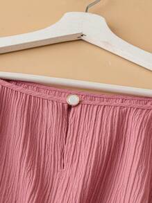 EMERY ROSE 大码女士优雅通勤衬衫，淡粉色，圆领，灯笼袖，蝴蝶结袖口，猫眼纽扣细节，特殊条纹纹理面料，夏季 - 粉色 - 查看 3