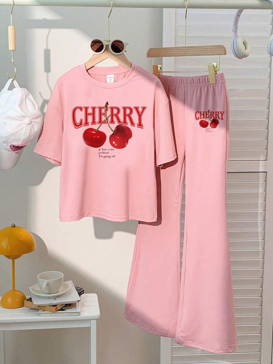 SHEIN Leap Crew Tween Girl 2pcs/Set Vintage Cherry Pattern Casual Loose Short Sleeve T-Shirt And Flare Pants Outfit, Suitable For Spring And Summer - Pink - View 1