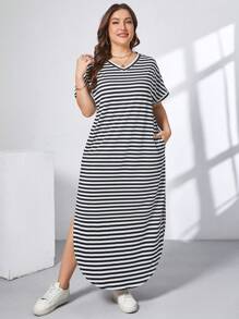 SHEIN Essnce Plus-Size Women's Casual Dress, Long Dress, Striped Short-Sleeved Summer Dress, 2 Pockets Summer Outfits For Women,Easter Dress - Black - View 6