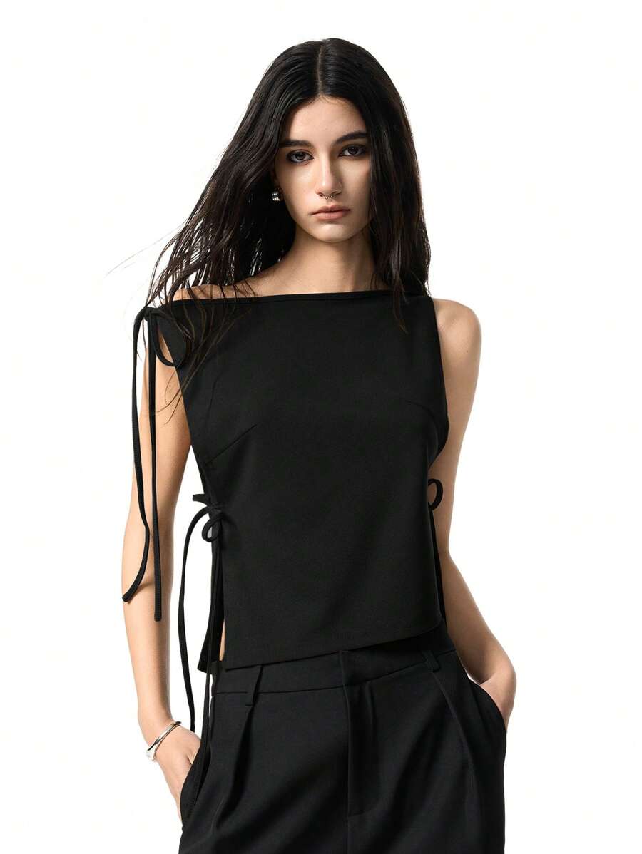 LYSMO 女式简约纯色系带侧开衩休闲背心