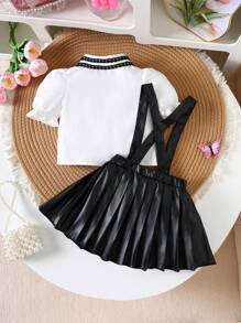 2pcs/Set Baby Girl Spring&Summer Preppy Style Short Sleeveless Casual Shirt&Imitate Leather Short Pleated Skirt - Black and White - View 2
