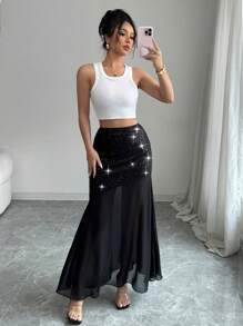 Chiquease Sequin Patchwork Cinched Waist Asymmetrical Colorblock Skirt - Black - View 3