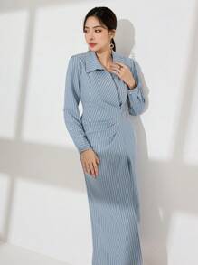 Modelyn 条纹荷叶边领连衣裙 - 藍色 - 查看 4