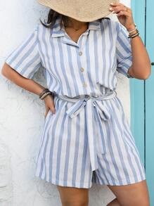 Breezaya Mono de manga corta con estampado de rayas y cintura para mujer de talla grande, estilo chino casual/para estar en casa, adecuado para primavera/verano