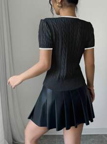 Elenzga Women's Bow Embroidery Crew Neck Short Sleeve Knit Top - Black and White - View 2