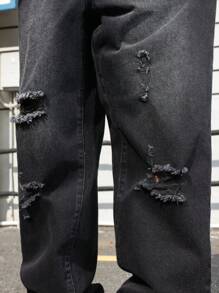 Manfinity EMRG 男士休闲破洞口袋简约牛仔裤，适合日常穿着 - 黑色 - 查看 7