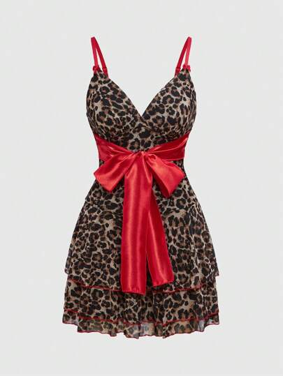Kawaii Vestido mini con estampado de leopardo, moño rojo y estilo sexy Gyaru/Gal de Shibuya para mujer, Y2K