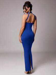 Silquee Women's Solid Red Stretchy Knit Fabric Double Layer Halter Backless Dress, Suitable For Cocktail Party, Romantic Date, Formal Party, Wedding, Bridesmaid, Evening Gown, Halloween Costume, Christmas Holiday, Valentine's Day, Everyday Wear