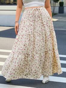 SHEIN EZwear Plus Size Ditsy Floral Long Flared Skirt, Suitable For Spring And Summer Holiday