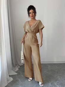 Elenzga Damen einfarbiger drapierter V-Ausschnitt Geraffter Taille Lässig Jumpsuit - Braun - Übersicht 3