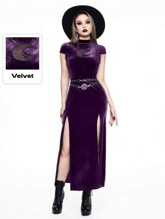Goth Dunkel gotische Vampir eng anliegende Mond bestickte ausgeschnittene Samt Kleid mit hohem Schlitz