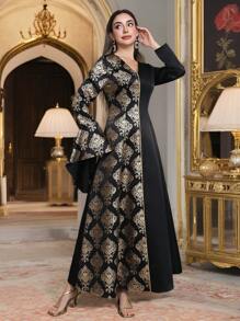 Al Najma Women's Elegant Foil Floral Print Flare Sleeve Arabic Style Dress, Arabian Dresses,Modest - Multicolor - View 4