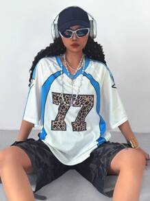 SHEIN Teen Girls Spring/Summer Streetwear Colorblock Leopard Print Number Pattern Crew Neck Short Sleeve Jersey T-Shirt,Oversized Tees - Baby Blue - View 3