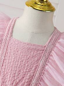 1 Stück Kleinkind Mädchen Mode elegantes, süßes, niedliches Rüschen Jacquard Mesh Puffärmel Kurzarm Pink Peplum Kleid, geeignet für Gastgeber, Aufführungen, Partys und weitere Anlässe - Pink - Übersicht 4