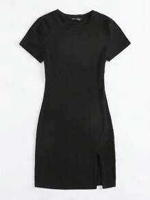 SHEIN EZwear Đầm Chia màu trơn màu đen Giải trí - màu đen - Xem 4