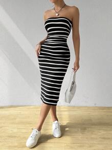 SHEIN EZwear Women Black And White Striped Knitted Strapless Bodycon Dress