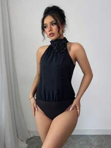 Elenzga Women 3D Floral Decor Halter Neck Bodysuit - Black - View 5