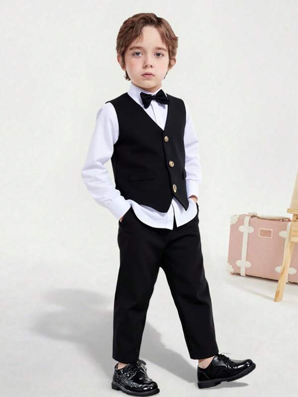 3-Piece Young Boy Formal Suit Set: Pure White Collar Shirt, Classic Black Vest And Trousers, Bow Tie. Fashionable Gentleman Outfit Suitable For Birthday Party, Evening Event, Wedding, Christening, Christmas, Thanksgiving Celebration, Formal Occasion And Performance