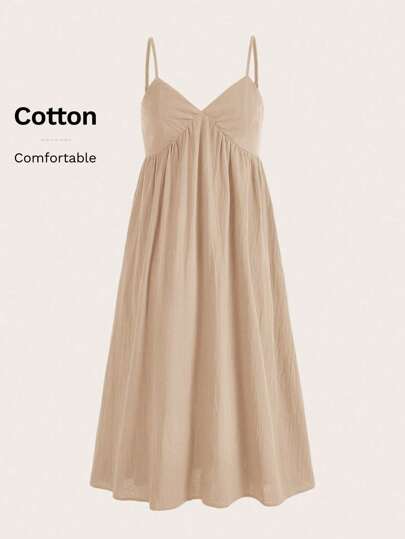 SHEIN EZwear Summer Casual Khaki Woven Spaghetti Strap Dress For Vacation