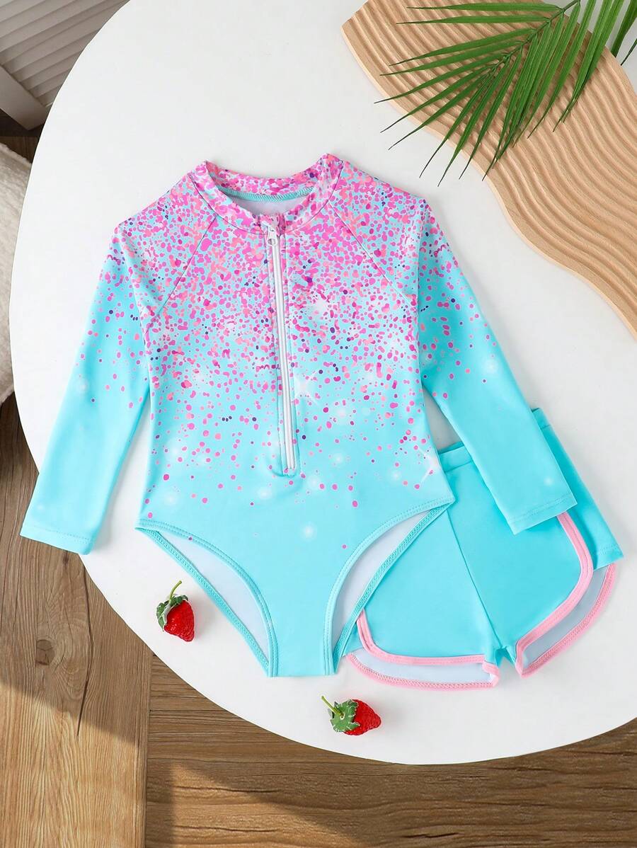 SHEIN Young Girl Gradient Print One-Piece Swimsuit, Vacation Beach Style - Mint Blue - View 1