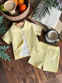 Vintaside Kids 2 件装男婴格子短袖单排扣衬衫和短裤休闲装 - 彩色 - 查看 3