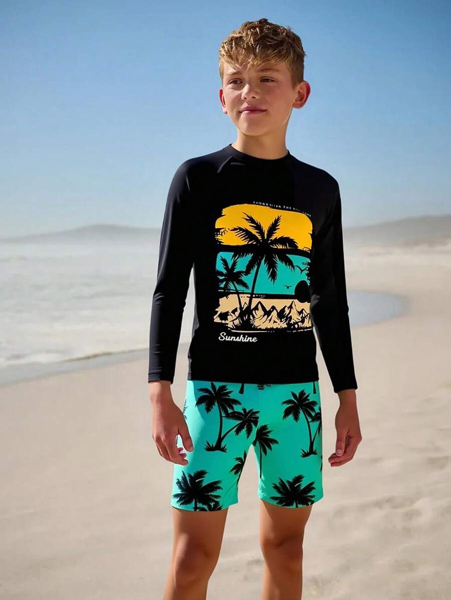 SHEIN Tween Boy Letter & Palm Tree Printed Raglan Sleeve Top And Swim Trunks Set, Suitable For Swimming Pool Or Beach - Multicolor - View 1