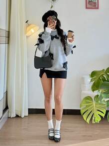 Women's Fashionable Bow Decor Sweatshirt For Autumn/Winter Pullover Fall Sweatshirt - Light Grey - View 4