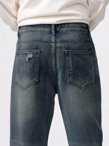 Manfinity Homme Men's Casual Straight Leg Distressed Jeans With Pockets - Medium Wash - View 6