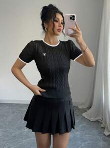 Elenzga Women's Bow Embroidery Crew Neck Short Sleeve Knit Top - Black and White - View 3