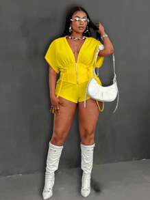 Maweii 加上蝙蝠袖连帽上衣和吊袜带细节系带短裤 - 黃色 - 查看 7