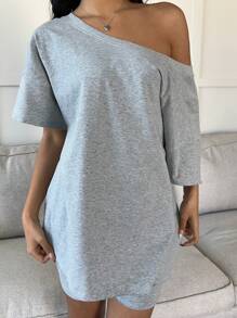 SHEIN EZwear Women Two Piece Sets Summer Sports And Leisure Versatile Solid Color Loose Short-Sleeved Shorts Off-Shoulder T-Shirt Two-Piece Set - Light Grey - View 7