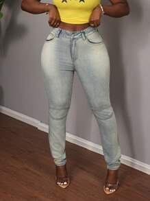 Slaydiva Jeans ajustados y elásticos sexy para mujer, de tiro bajo, color azul, ideales para festivales de verano - Azul lavado medio - Ver 3