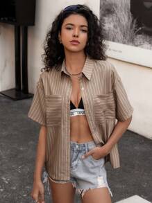Chiquease Women's Casual Loose Striped Short Sleeve Shirts With Decorative Pockets, Suitable For Spring & Summer