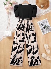 SHEIN Tween Girls''Holiday Fashionable Casual Style Knit Ditsy Floral Patchwork Square Neck Short Sleeve Jumpsuit - Black - View 2