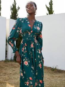 Aveloria Modichic 浪漫印花深 V 领收腰修身长袖连衣裙，优雅法式风格