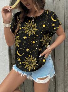 Glamance Carolina Leite Blusas negras para mujeres de manga corta, cuello redondo, casual llano, con estampados de plantas, estampado total, galaxia - Conjuntos de verano para mujeres, blusas de verano para salir