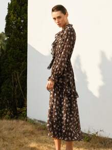 Aveloria Modichic Fashionable Ditsy Floral V-Neck Ruffled Waist Long Sleeve Dress With Elastic Cuffs, Brown Base With Pink Flowers