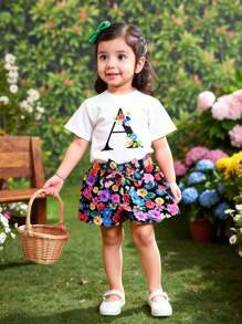 2pcs Baby Girls Ditsy Floral Dress + Casual T-Shirt Set, Summer - White - View 3