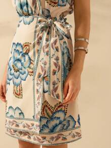 CAJUNI Women's Boho Tropical Apricot & Blue Floral Print Strappy Wrap Front Casual Summer Mini Dress - Multicolor - View 4