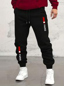 Manfinity Dauomo Men's Letter Print Drawstring Waist Casual Sweatpants - Black - View 1