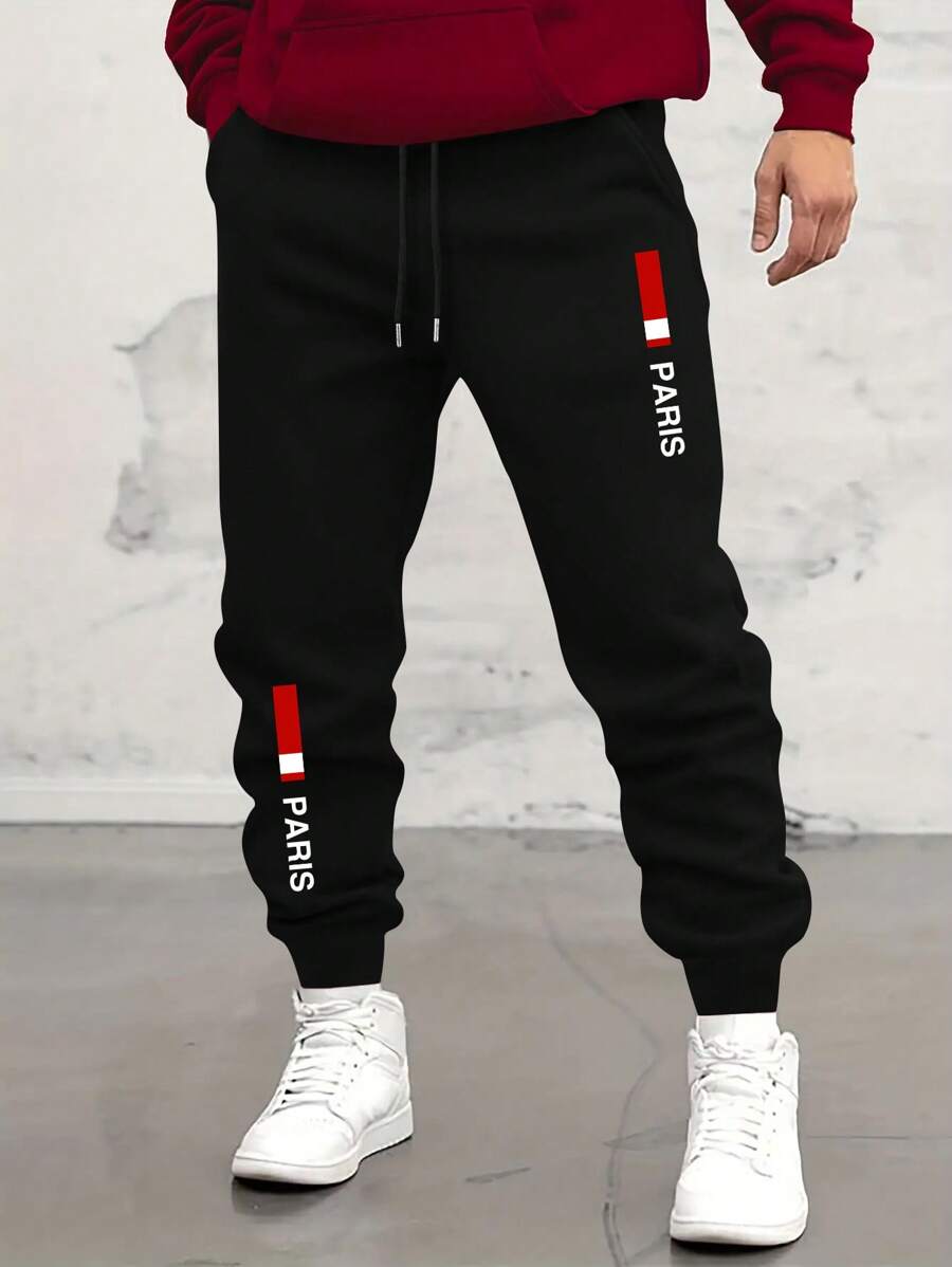 Manfinity Dauomo Men's Letter Print Drawstring Waist Casual Sweatpants - Black - View 1