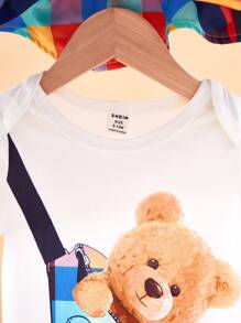 SHEIN 2pcs Baby Boys Cute Bear Graphic Short Sleeve Romper Suit With Hat, Suitable For Everyday, Casual Home Wear & Outdoor Activities, Spring/Summer