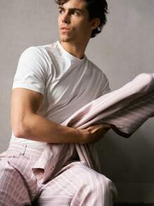 HIMLAND Bộ đồ vest kẻ sọc ôm vừa vặn cho nam, phù hợp cho mùa thu - Bụi hồng - Xem 10