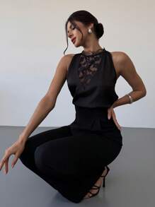 Firerie 情人节新款优雅浪漫性感派对约会黑色蕾丝拼接缎面职业衬衫，适合毕业、教师节、返校季等场合。 - 黑色 - 查看 4