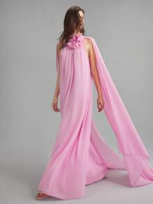 Ontre 2026春夏新款女装连衣裙，3D立体花卉设计，雪纺面料，A字裙摆，适合宴会、婚礼宾客穿着，长款连衣裙饰有优雅的3D立体花卉，浪漫优雅的法式风格，适合婚礼、派对、邮轮旅行和度假等场合。 - 粉色 - 查看 4