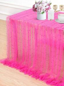 1pc 160*100cm Rose Red Faux Pearl Decorative Tulle Table Runner, Wedding Transparent Tulle Tablecloth, Wedding Arch Decoration Reception Bridal Shower, Party Decoration, Chair Decoration, Event Backdrop Wall Decoration, Valentine's Day