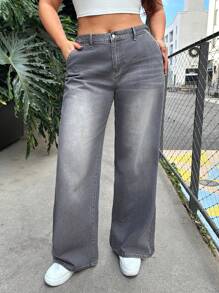 SHEIN EZwear Plus Size Relaxed Fit Straight Leg Jeans, Gray, Saint Patrick / St Patrick Day, Loose Straight Denim Jeans, Long Leg, All Season, Summer / Summers / Summer Clothes, Y2K Fashion Retro Grey Washed Low-Waisted Slanted Pocket Casual Wide Leg Baggy Jeans Loose Streetwear Jeans,Springs For Women / Spring,Summers For Women / Summer / Summer Clothes / Cute Summer Tops,Easter Dress / Easter / Easter Women,Concert Women / Raves / Raves Festival / Country Concert / Nashville / Ibiza,Western Wear Women / Western / Western Clothes For Women,Cowgirls For Women / Rodeos For Women / Cowgirl,Beach For Woman / Beach, Brunch For Women - Grey - View 5