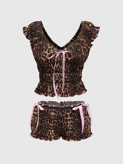 Kawaii 2pcs Y2K Ruched Leopard Pattern Pink & Brown Cute & Sexy Vintage Shorts Set For Plus Size Women