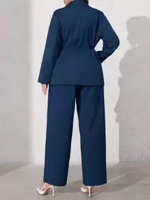 SHEIN Clasi 2 件套大码女式 3D 花卉长袖西装外套和裤子套装 - 藍色 - 查看 2