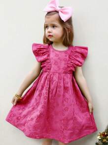 SHEIN Young Girl Hollow Embroidered Round Ruffle Cake Hem Dress, Spring/Summer Ramandan Style Matching Family Vacation, Holidays, National, Suitable For Girls Daily Wear, Home Wear, Festivals, Family Gatherings And Special Occasions, Sibling Outfits, Spring And Summer, Cute & Elegant & Sweet & Vintage & Fashionable.Mom And Daughter & Sisters Matching. - Hot Pink - View 1